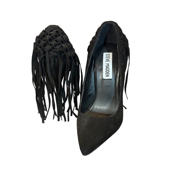 Steve Madden Tipsyy Black Suede Fringe Heels Sz 6 - Picture 7 of 8